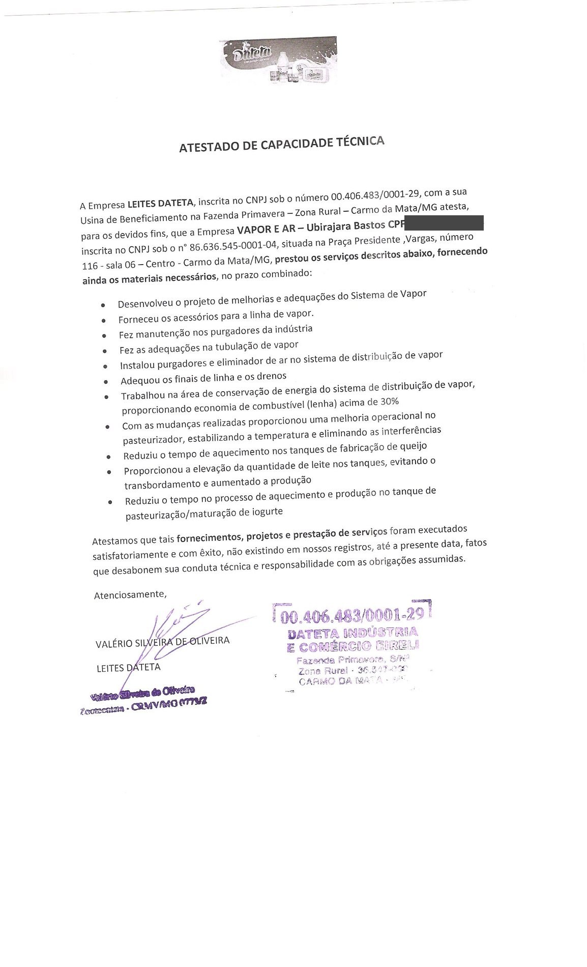 Atestado de capacidade técnica emitido por Leite Dateta