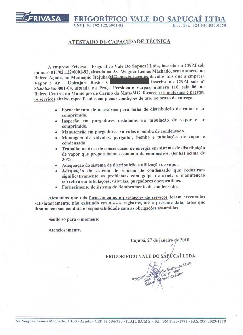Atestado de capacidade técnica emitido por Frigorífico Vale do Sapucaí (Frivasa)